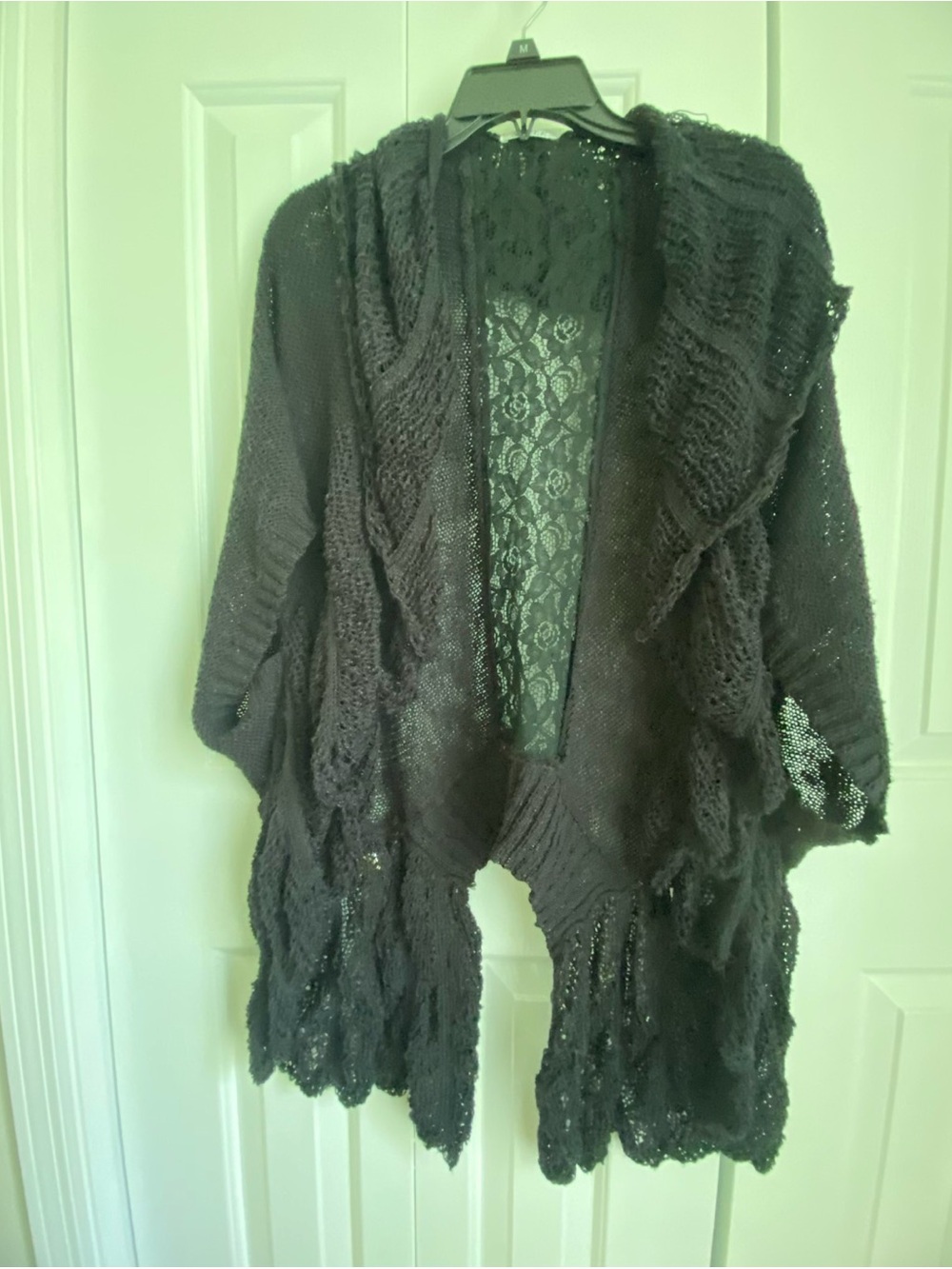 Open-Front Black Knit Cardigan with Lace Back